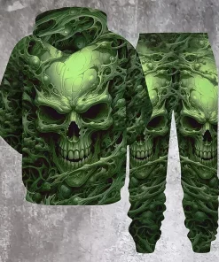 green skull 3d hoodie jogger set streetwear 2