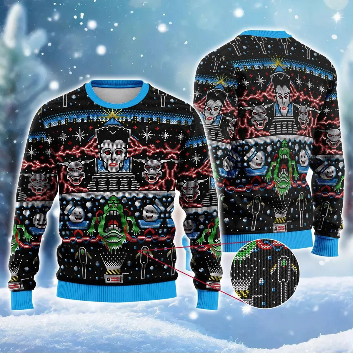 black blue ghostbusters 3d christmas sweater