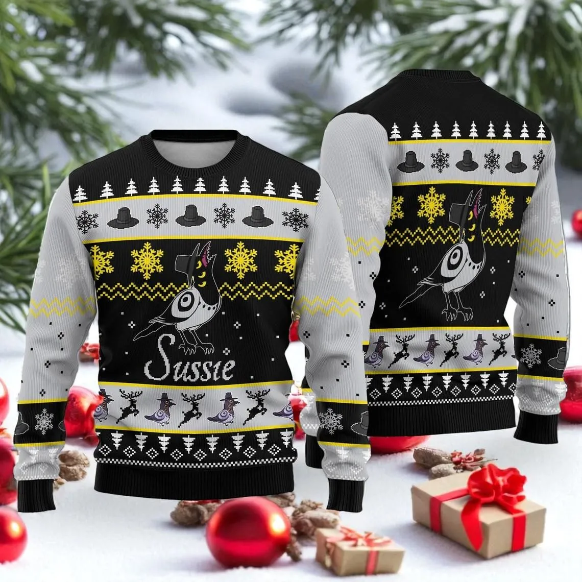 black gray 3d sussie christmas sweater
