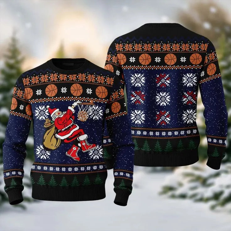 navy blue 3d santa basketball christmas sweater