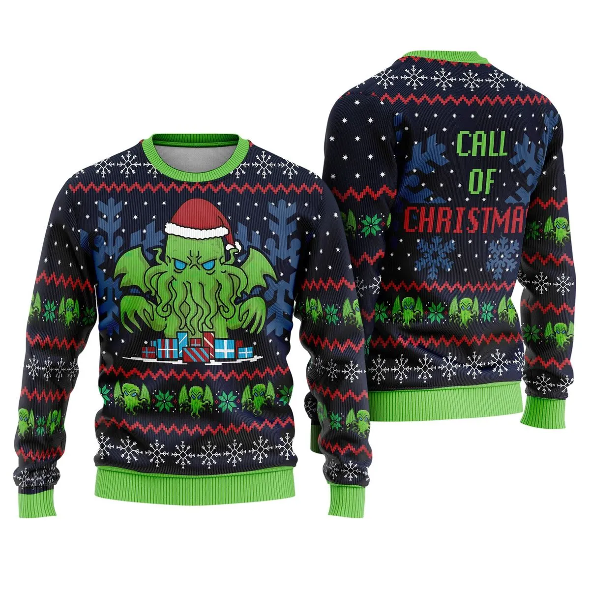 navy green cthulhu christmas sweater