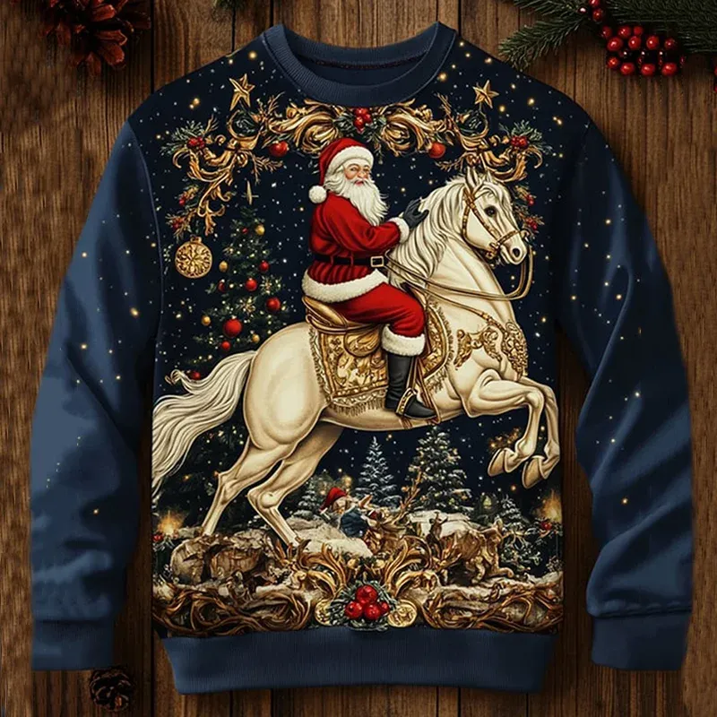 navy santa on white horse 3d christmas sweatshirt