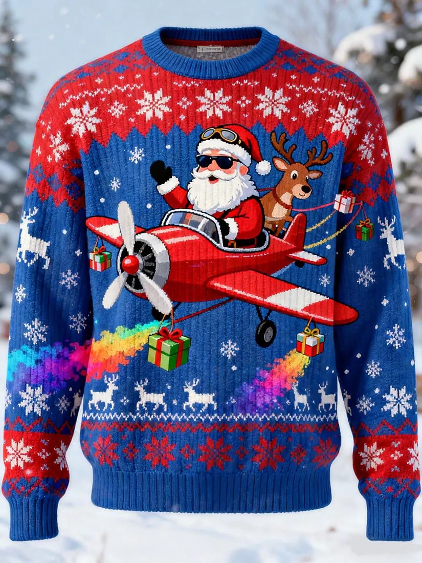 blue santa plane christmas sweater