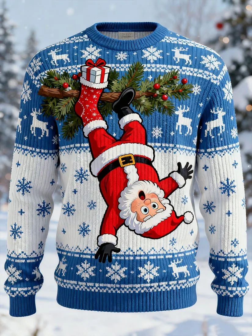 blue white santa hanging christmas sweater