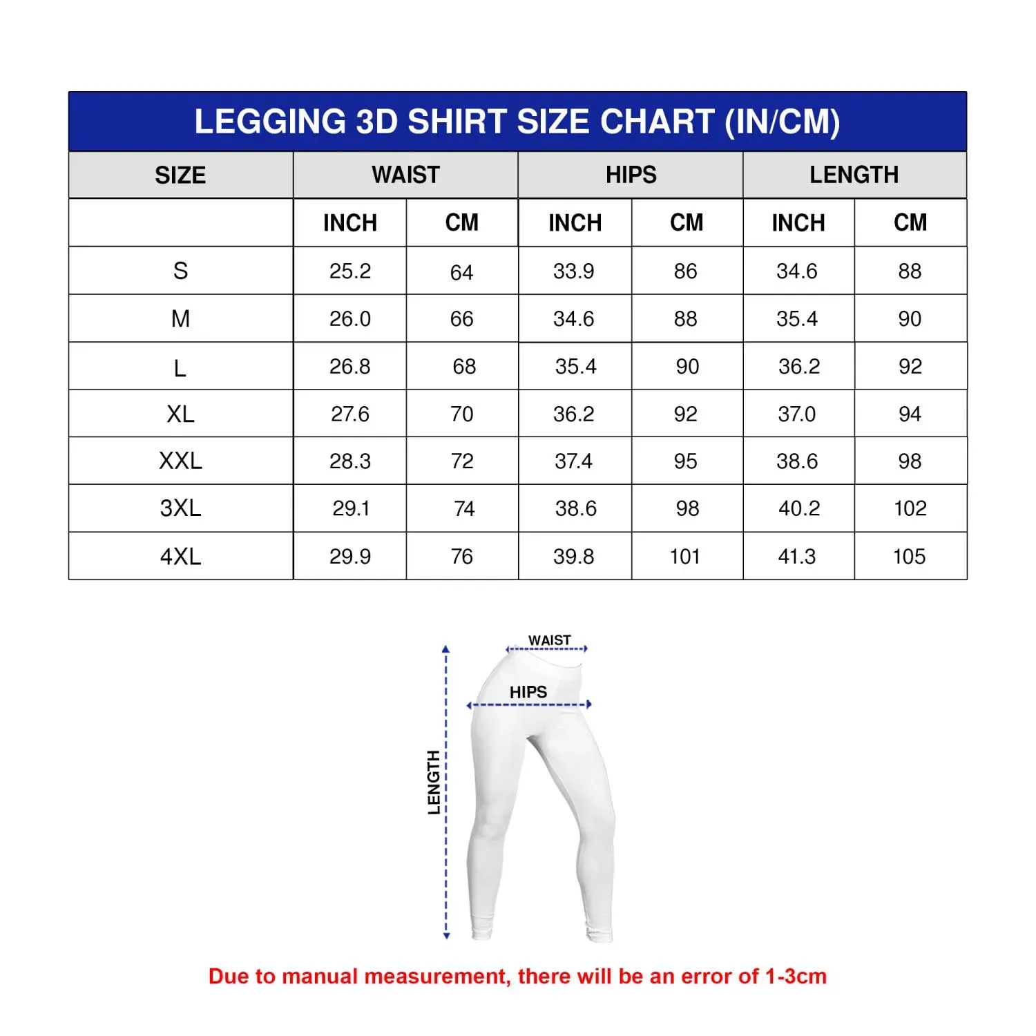 3D leggings size chart