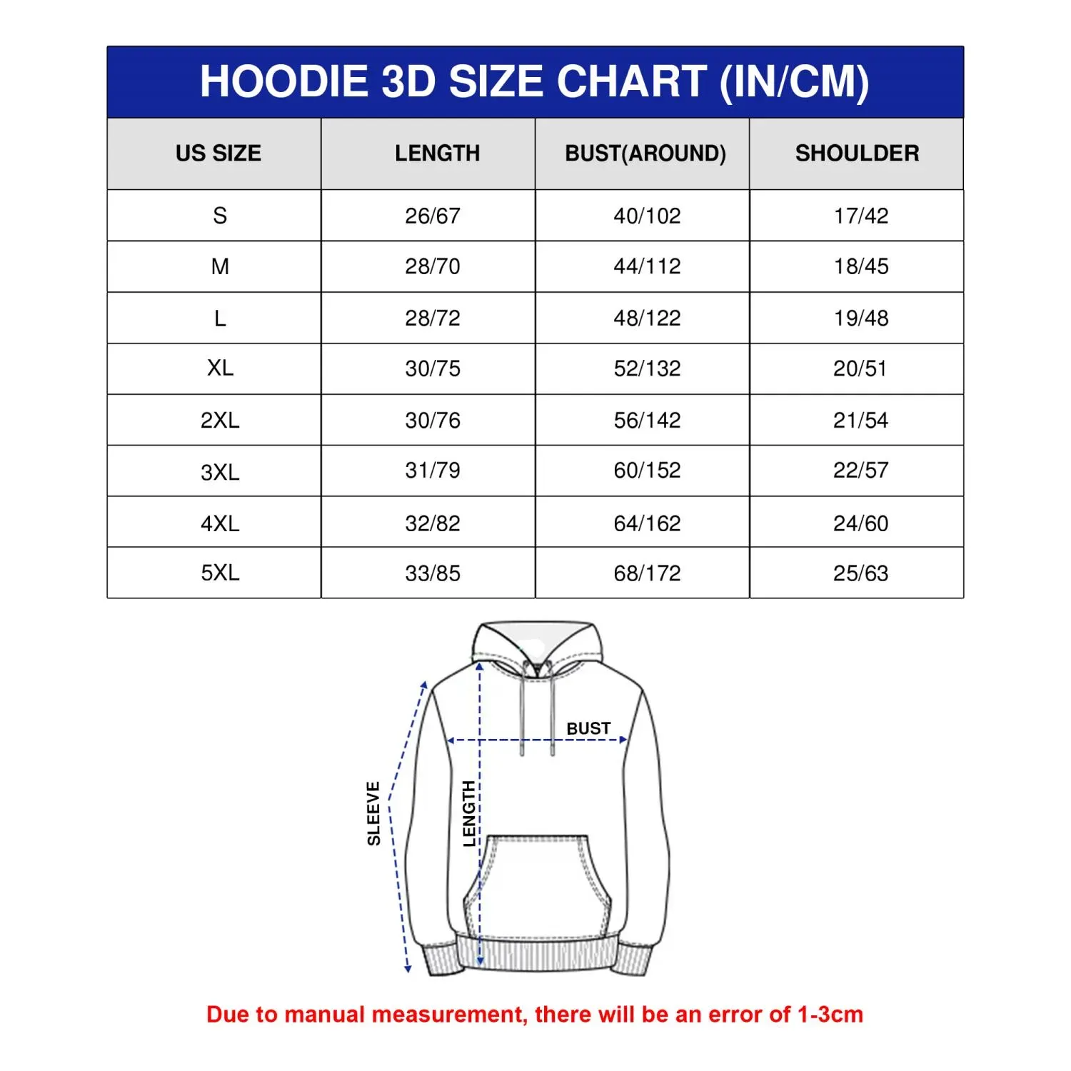 hoodie 3d size chart