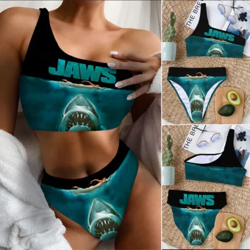 jaws one shoulder bikini set womens shark print swimsuit