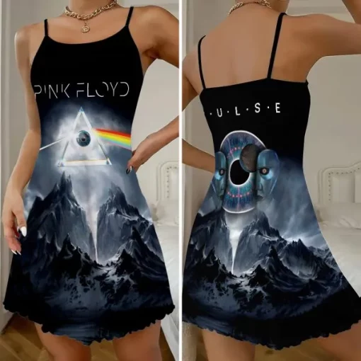 pink floyd 3d strappy swing dress black