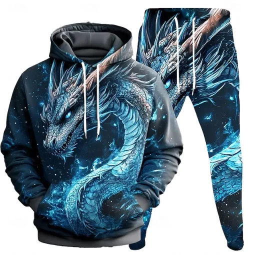 3d blue dragon hoodie jogger set