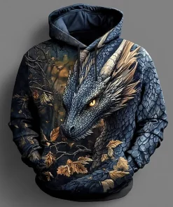 3d blue dragon print hoodie