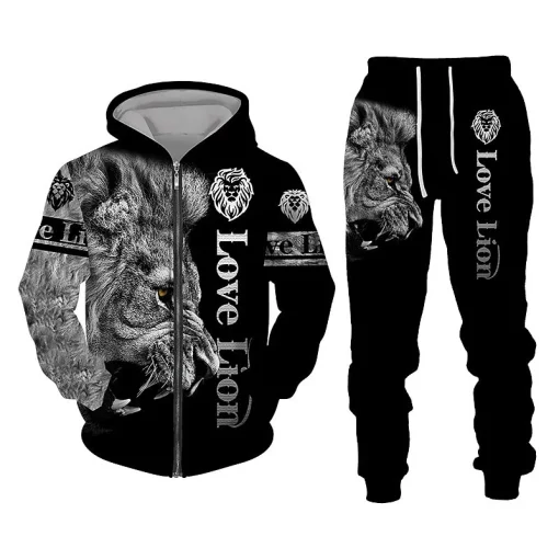 3d love lion hoodie and jogger set