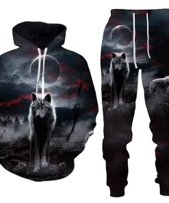 3d midnight wolf hoodie and jogger set