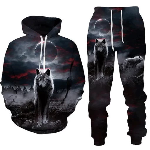 3d midnight wolf hoodie and jogger set