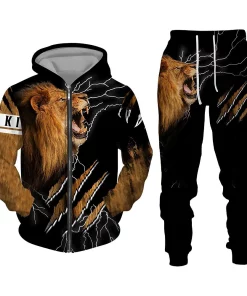 3d roaring lion hoodie and jogger set with lightning effect