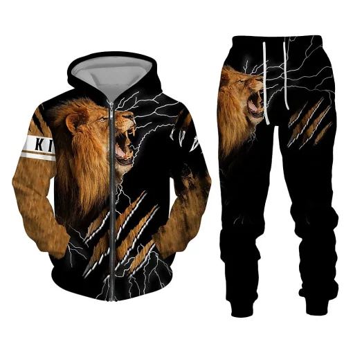 3d roaring lion hoodie and jogger set with lightning effect