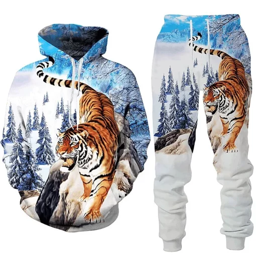 3d tiger in snow hoodie and jogger set