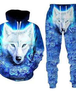 3d wolf blue rose hoodie and jogger set