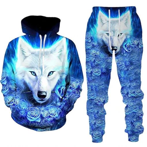 3d wolf blue rose hoodie and jogger set