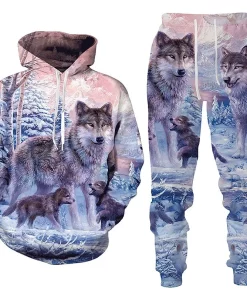 3d wolf family winter hoodie and jogger set
