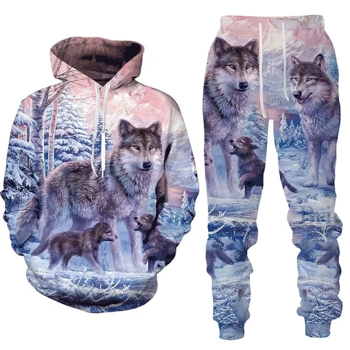3d wolf family winter hoodie and jogger set