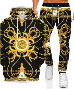 black gold chain pattern 3d hoodie jogger set