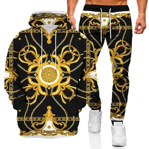 black gold chain pattern 3d hoodie jogger set