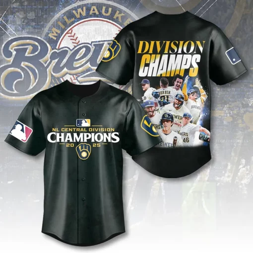 black milwaukee brewers 2025 division champions 3d baseball jersey