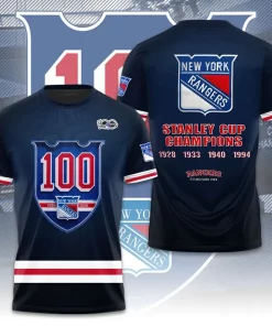 bold navy blue 3d new york rangers 100 year anniversary hoodie tshirt 1