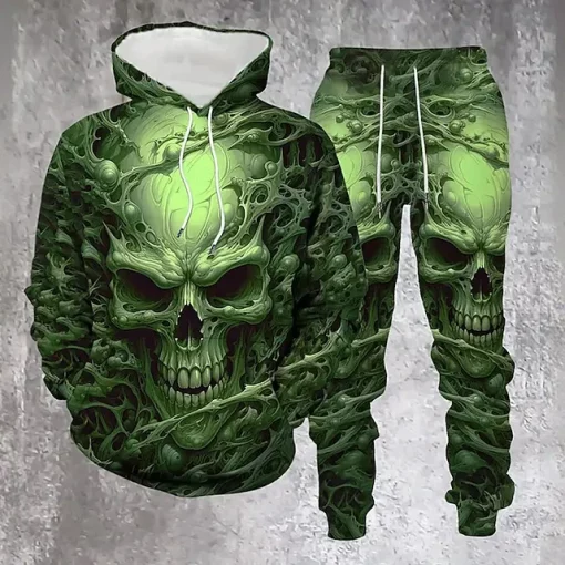 green skull 3d hoodie jogger set streetwear 1