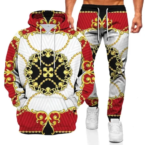 red black gold chain 3d hoodie jogger set