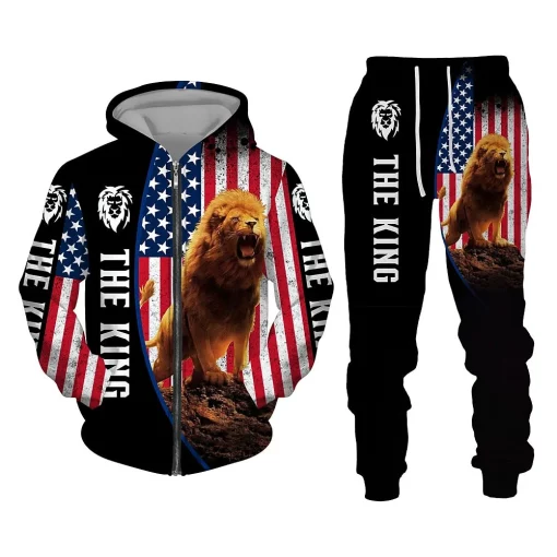 the king lion american flag 3d hoodie sweatpants