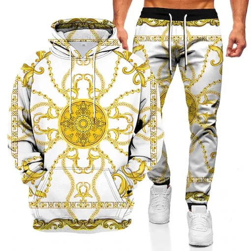 white gold chain pattern 3d hoodie jogger set