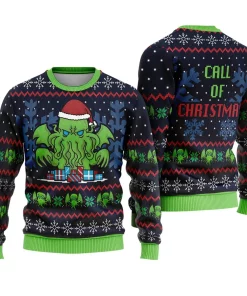 navy green cthulhu christmas sweater