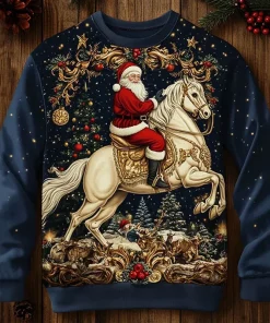 navy santa on white horse 3d christmas sweatshirt