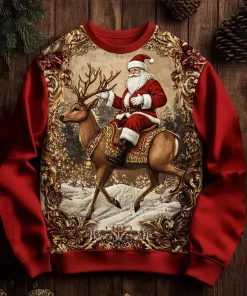 red gold santa reindeer christmas sweatshirt