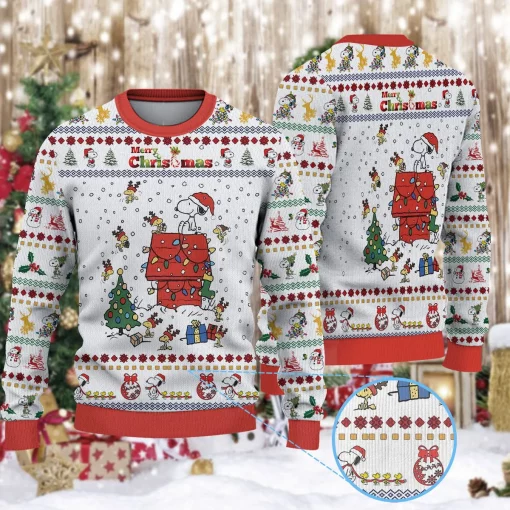 white red snoopy christmas 3d sweater