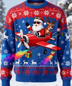 blue santa plane christmas sweater