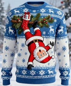blue white santa hanging christmas sweater