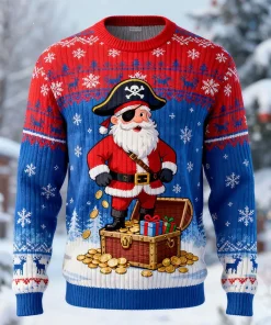 red blue pirate santa christmas sweater